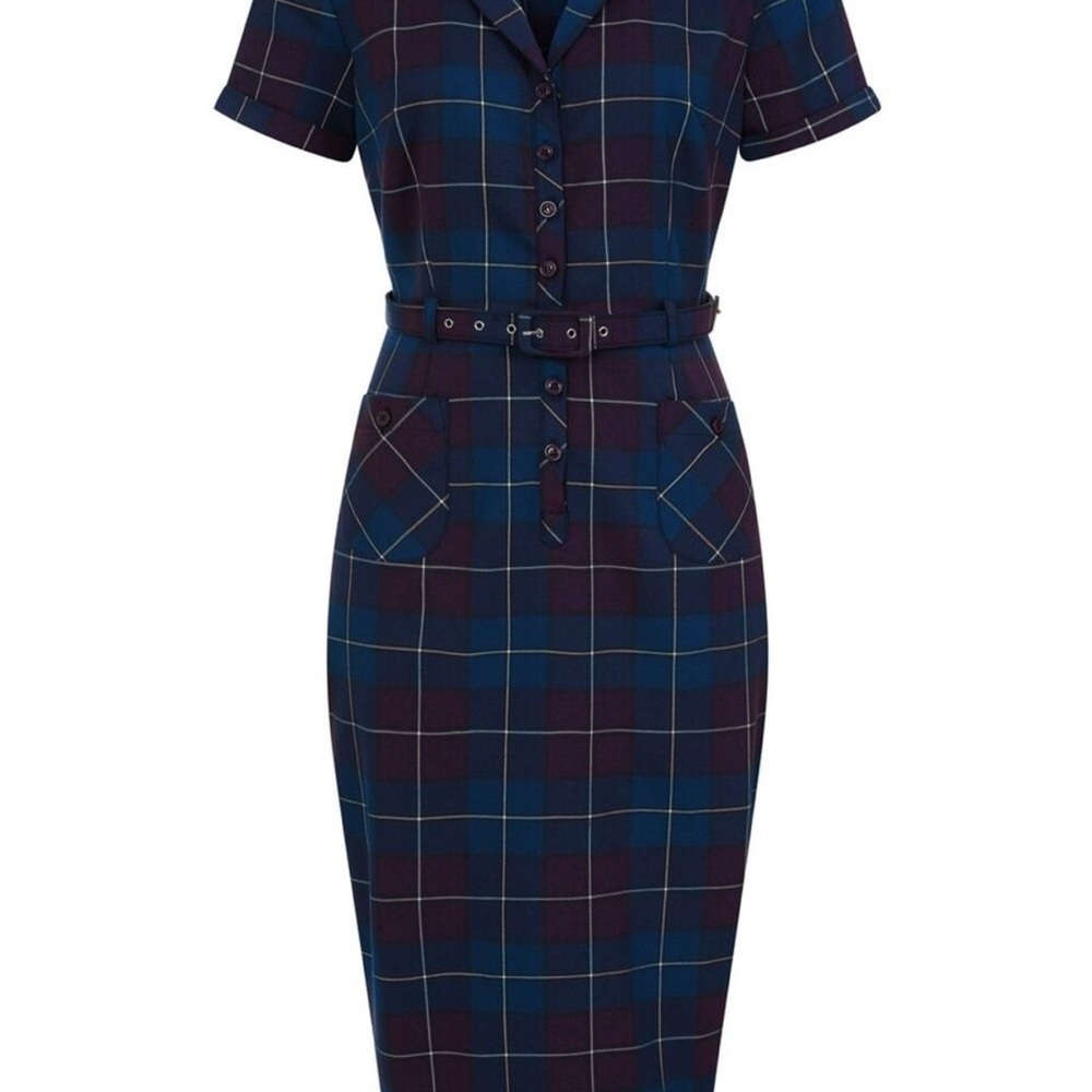 Collectif Plaid Belted Dress - Blue and Black